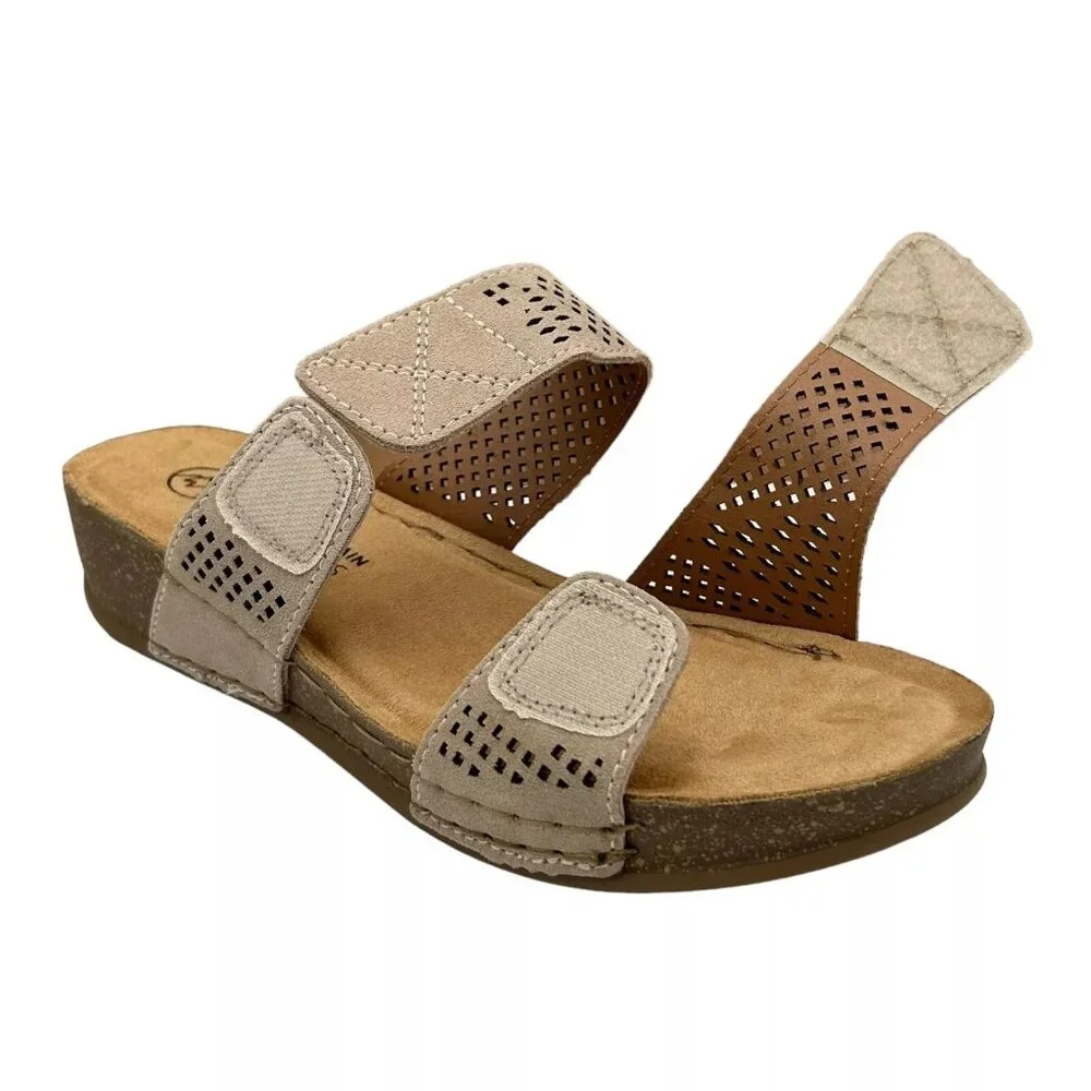 White Mountain Women's Wedge Leather Sandals Size 8 Taupe Adjustable Straps